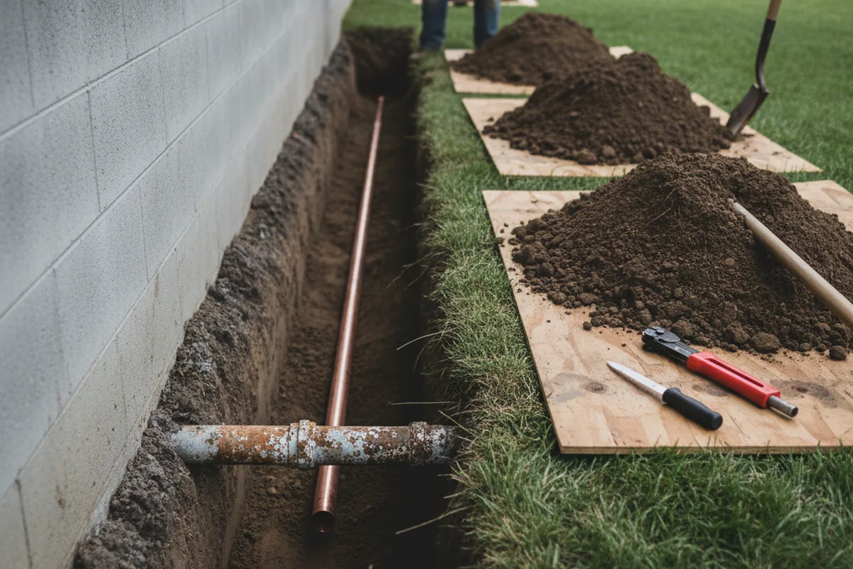 Excavated water line trench during Sewer Line Repair in Hadley